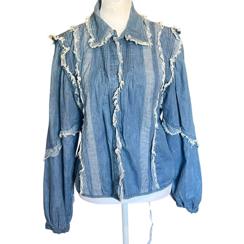 Anthropologie Conditions Apply denim Fringe Long Sleeve Blouse Size M cotton
